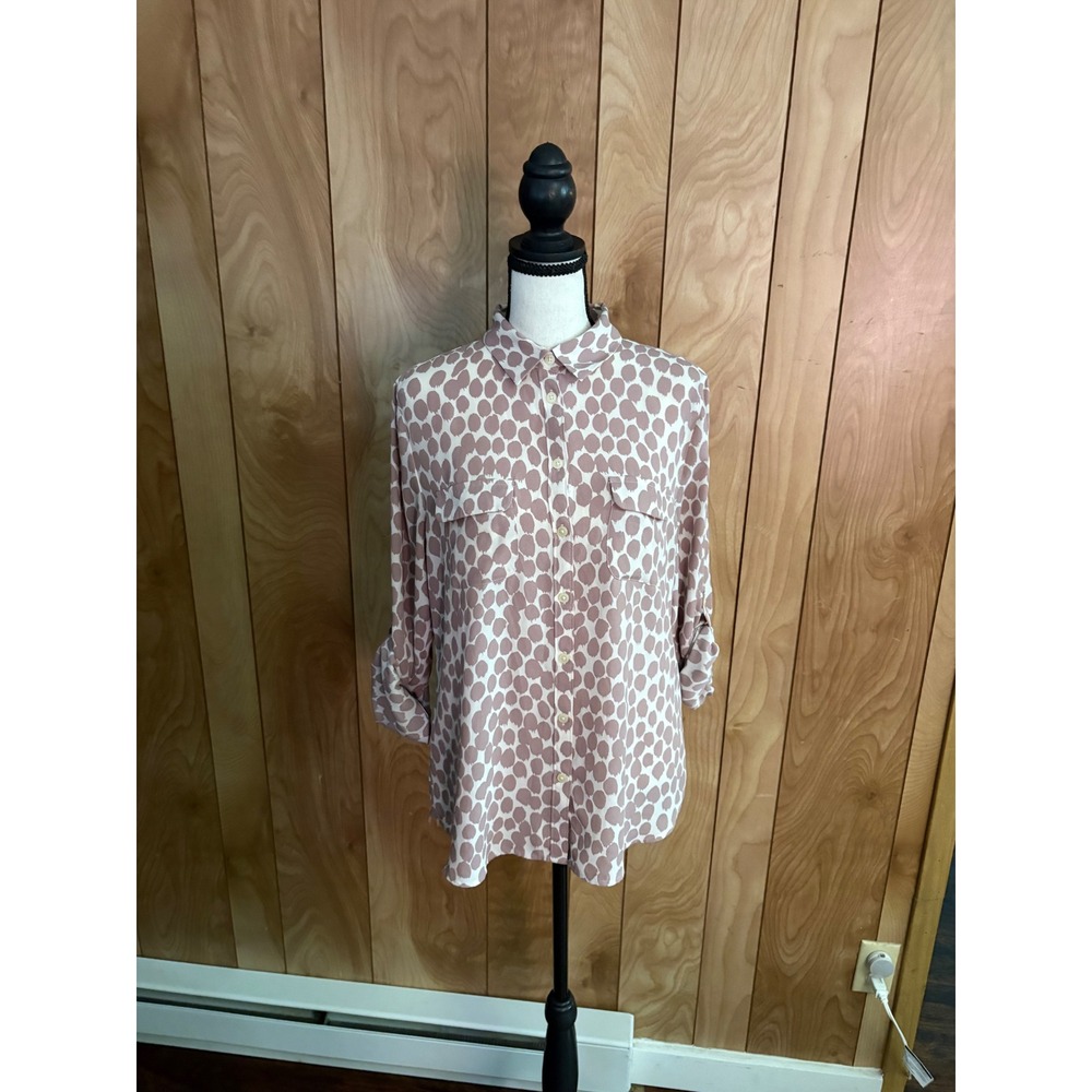 Ann Taylor LOFT Mauve Abstract Polka Dot Roll Tab Sleeve Blouse Womens Medium
